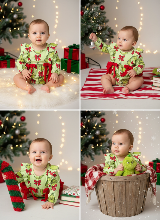 Christmas Baby Girls Romper with Character Print and Red Bows