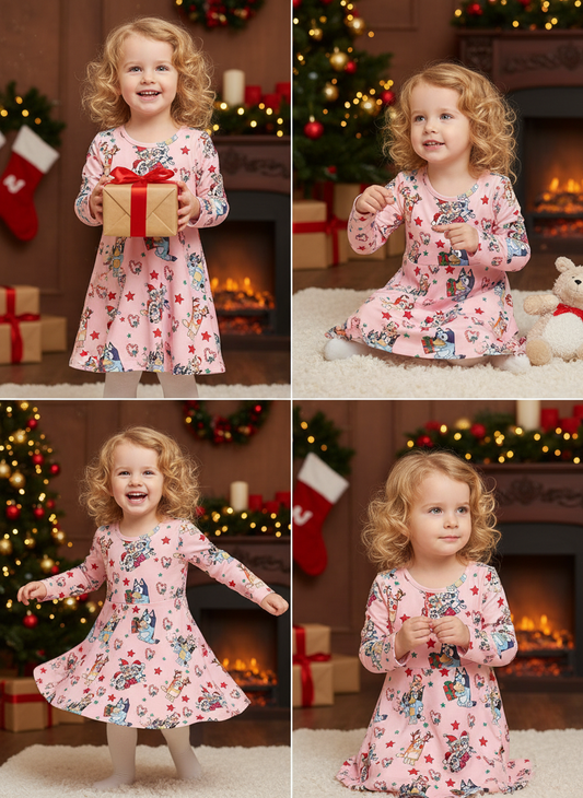 Girls Pink Bluey Christmas Dress