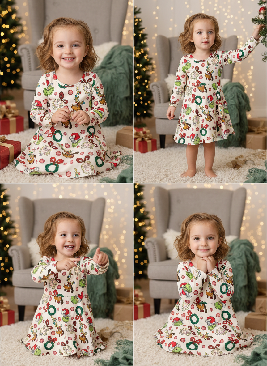 Girls Christmas Grinch Print Dress