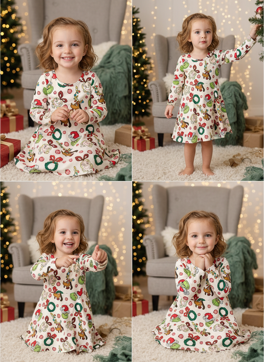 Girls Christmas Grinch Print Dress