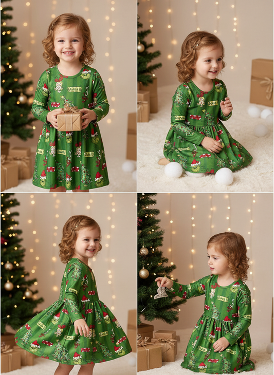 Girls Christmas Grinch Print Dress