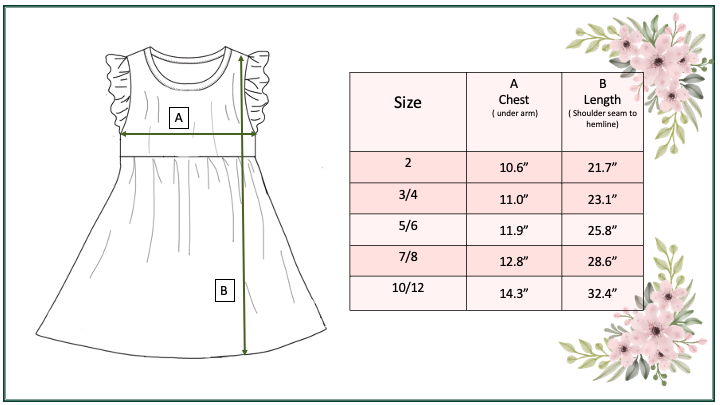 Measurement chart for a children's dress with floral decorations