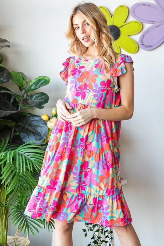 Full Size Floral Cap Sleeve Tiered Dress by Heimish