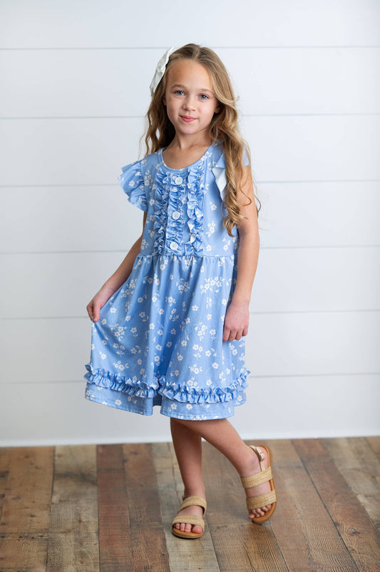 Kids Periwinkle Flower Ruffle Dress