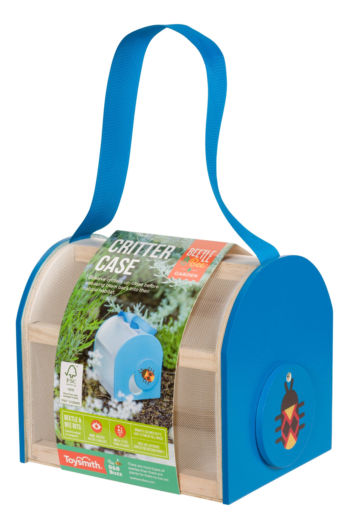 Blue and beige 'Critter Case' with a handle on a white background