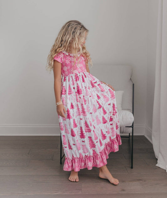 Pink Trees Holiday Ruffle Lounge Gown