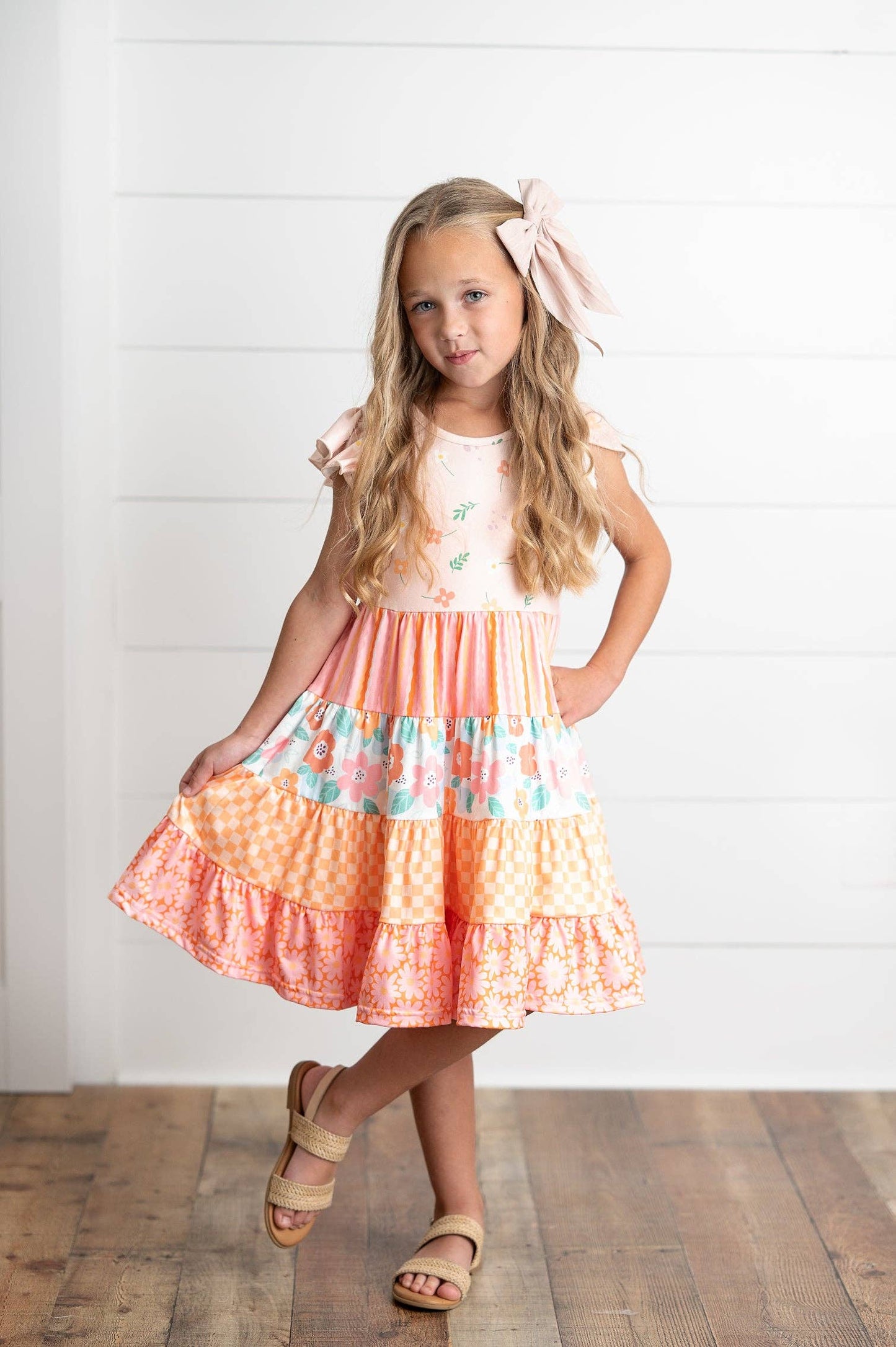 Ava Peach Retro Floral Tiered Dress