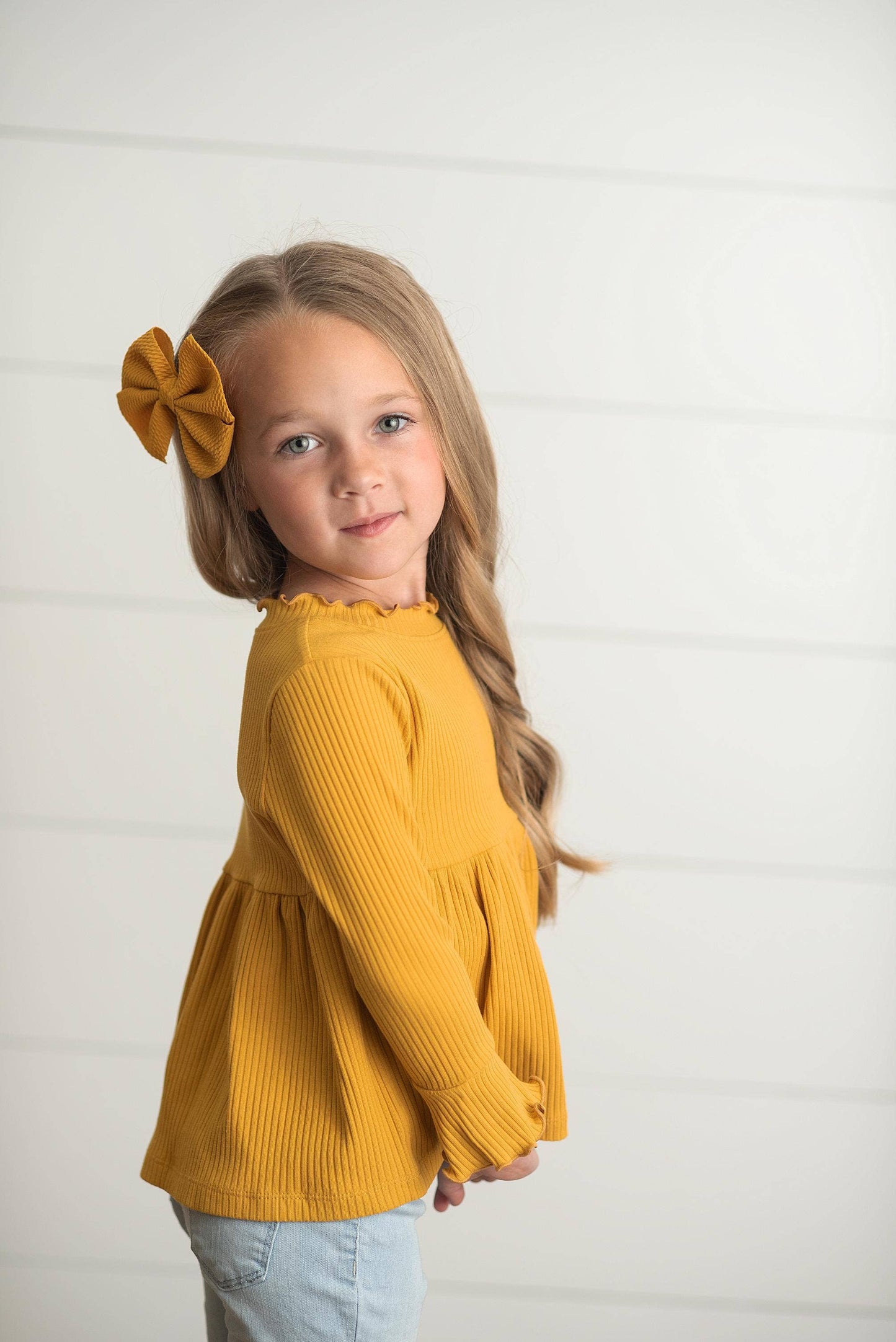 Kids Mustard Lettuce Trim Ribbed Fall Shirt