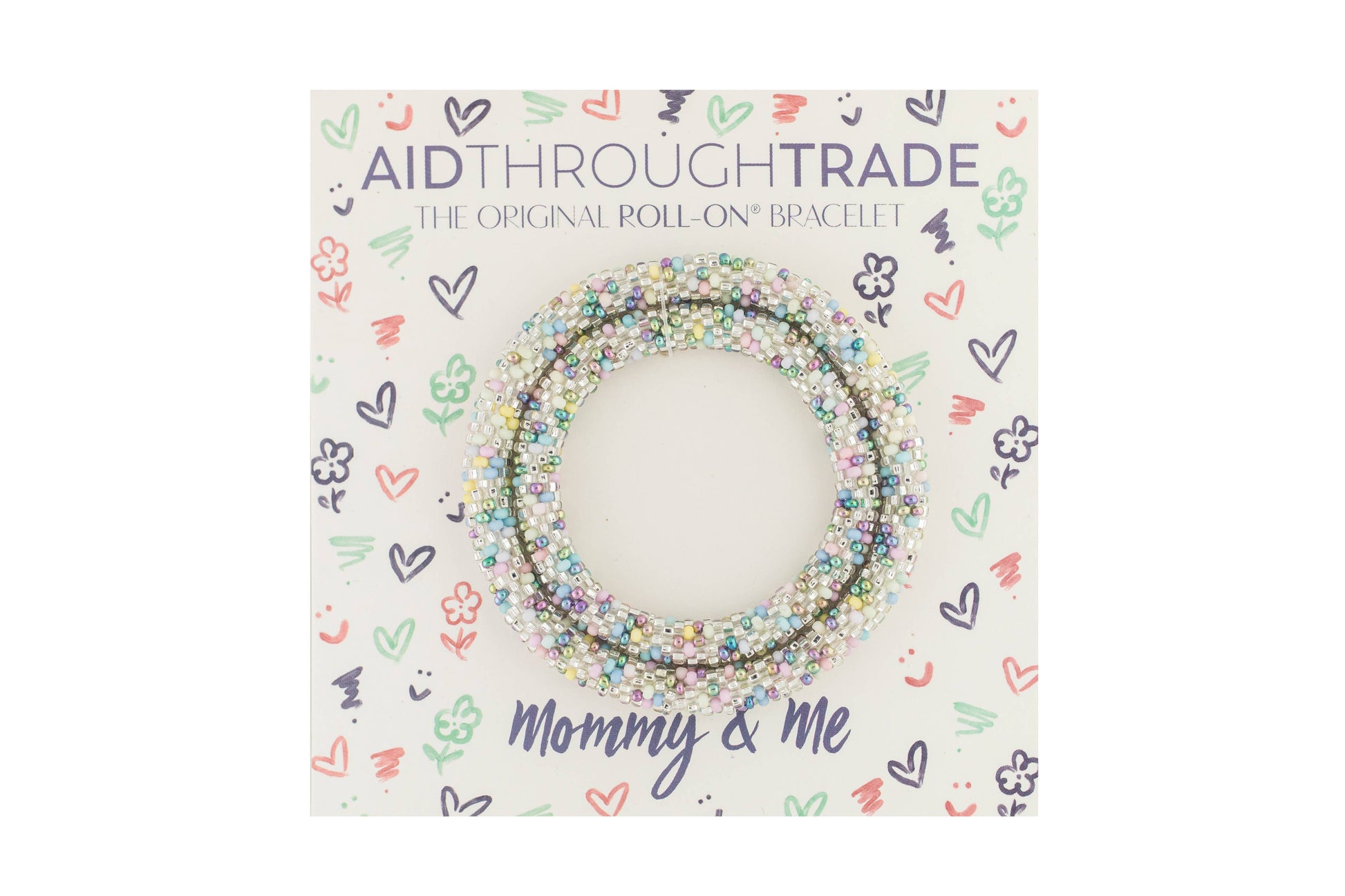 Beaded bracelet packaging with 'Aid Through Trade' branding on a white background