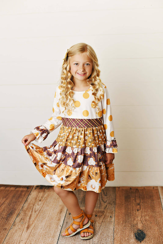 Mustard Multi Print Tiered Dress