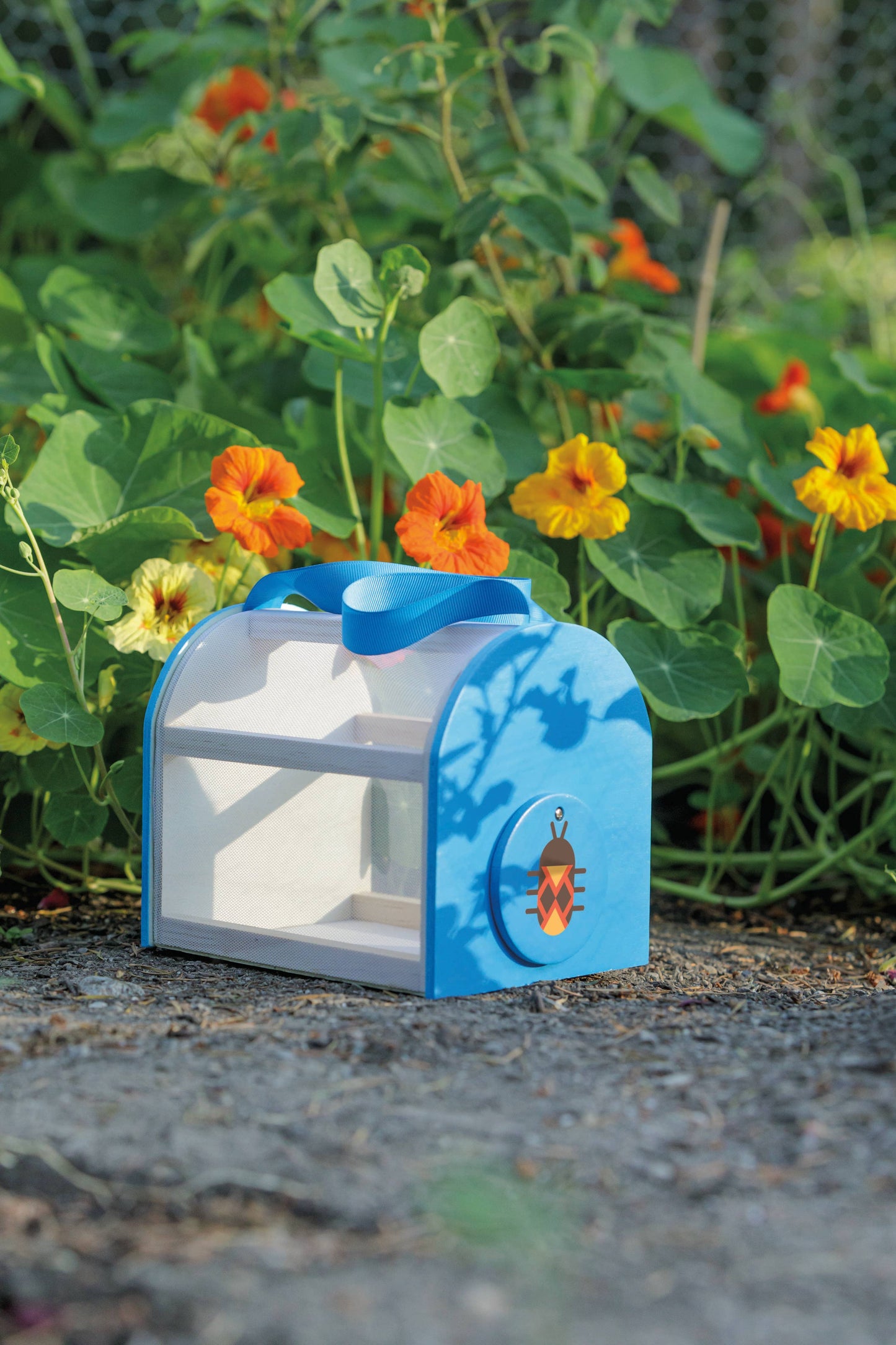 Blue and white bird feeder with a bee design in front of garden flowers