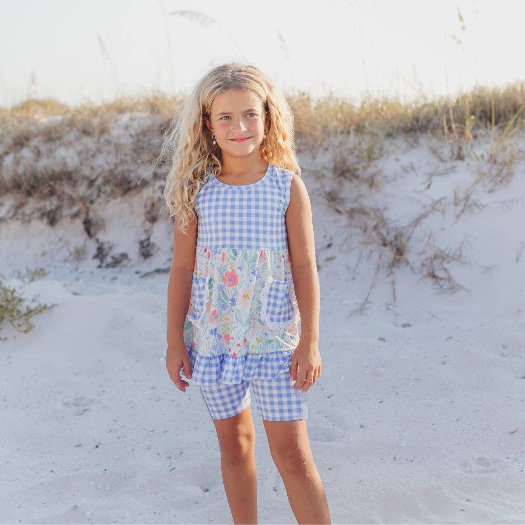 Girls Periwinkle Gingham Ruffle Short Set