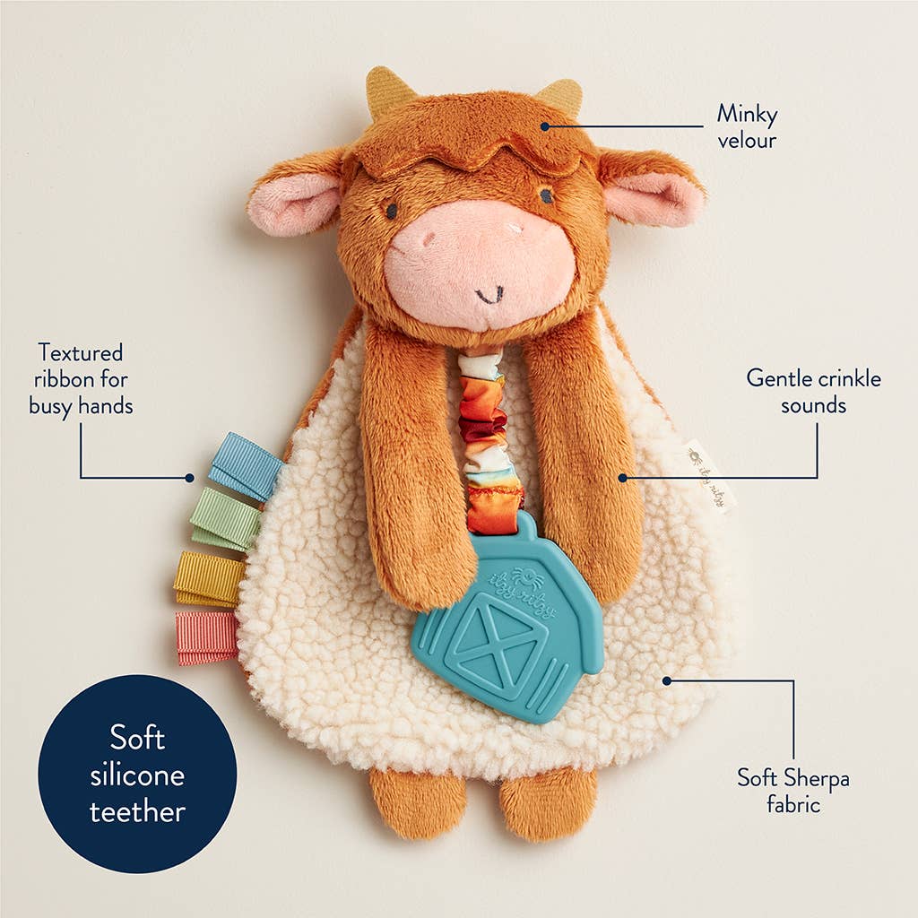 Plush toy cow with features labeled on a light background