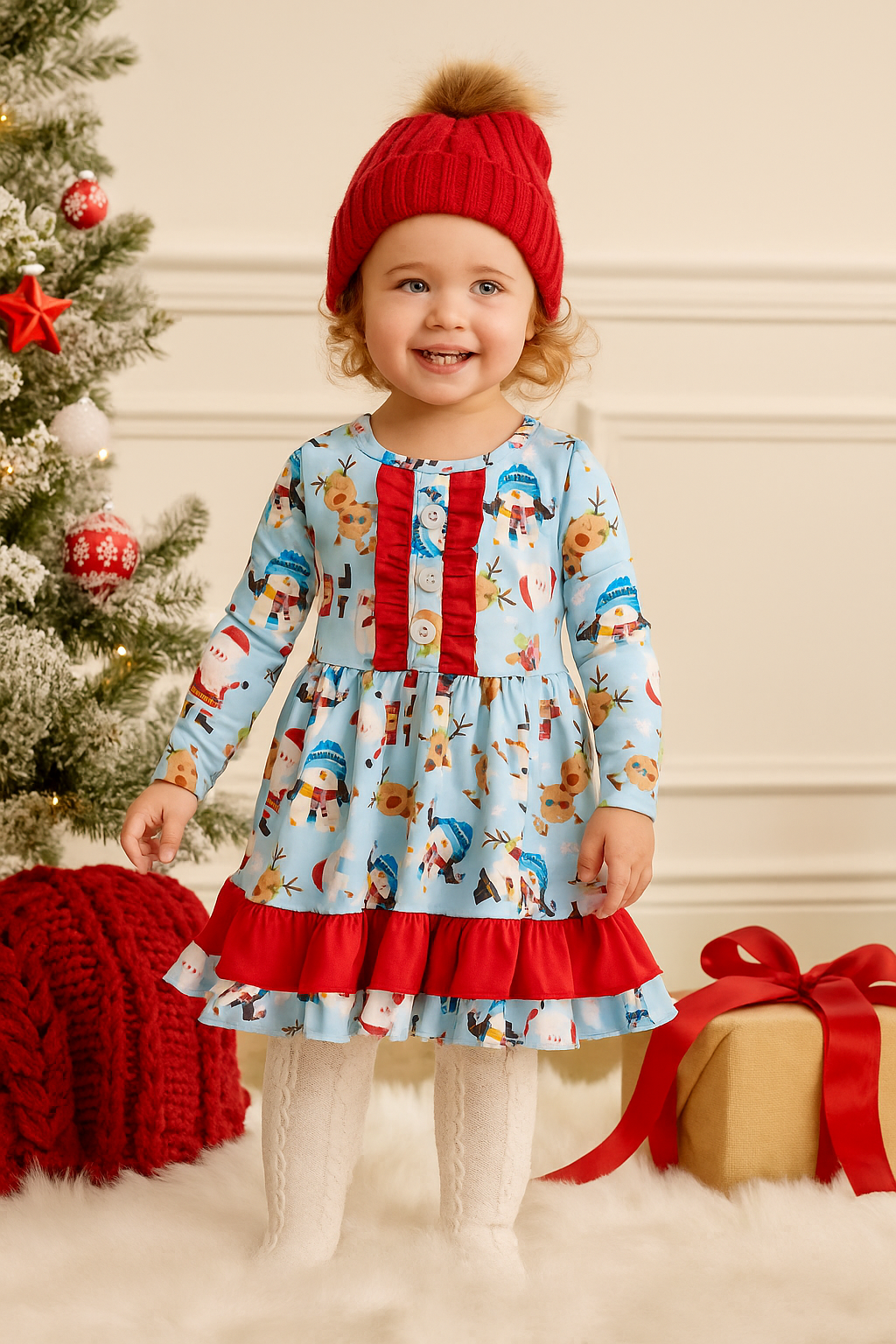 Child wearing a festive dress with reindeer pattern and red hat, standing next to a Christmas tree and gift.