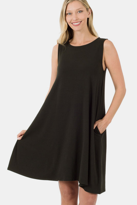 Full Size Sleeveless Flared Dress with Side Pockets by Zenana