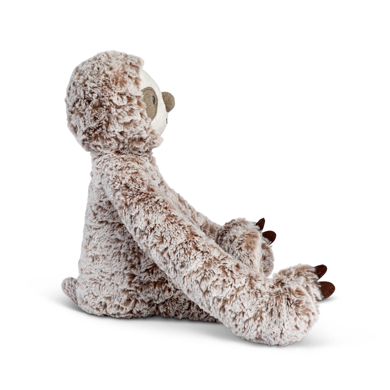 Plush sloth toy with textured fur on a white background