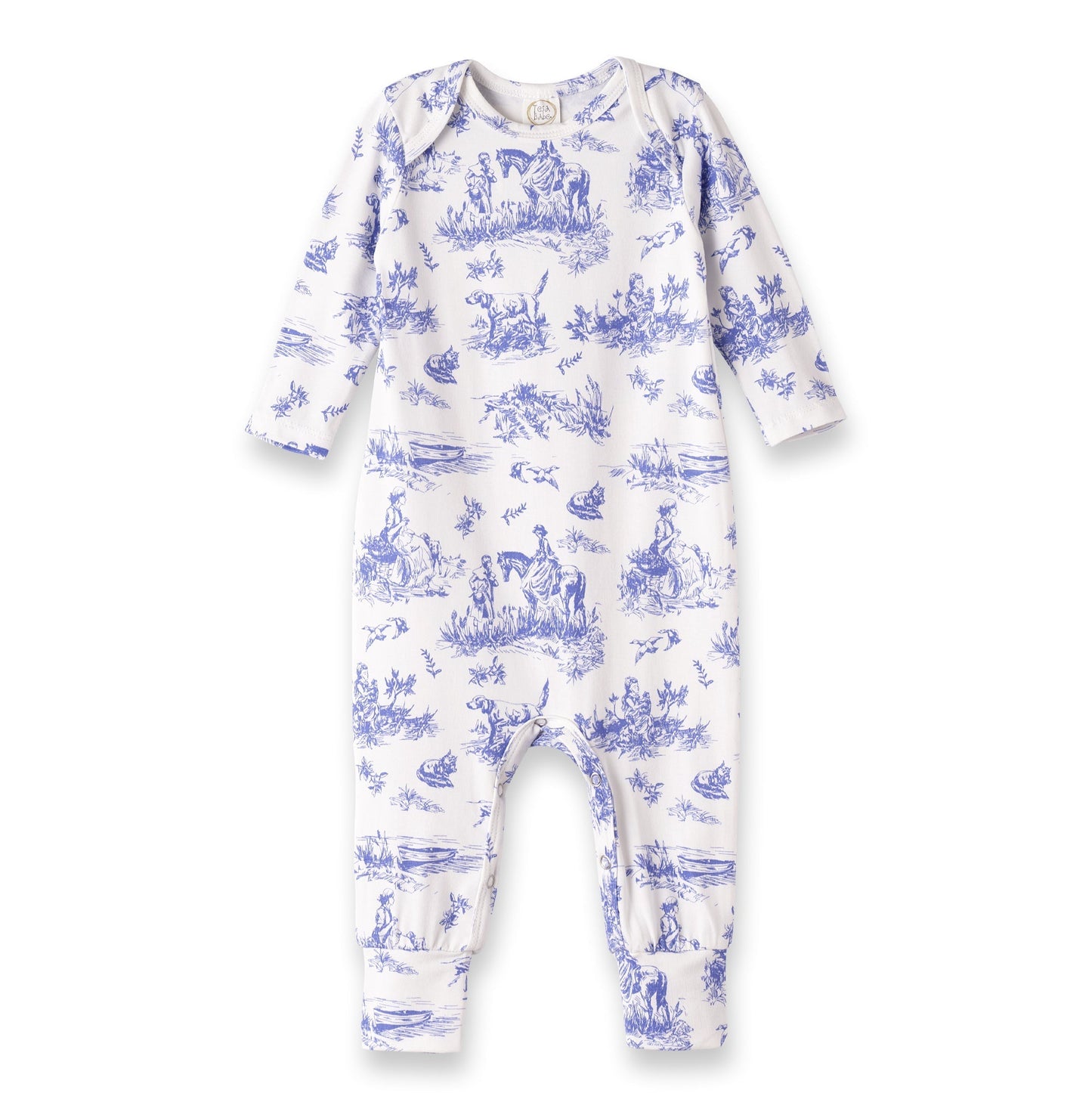 White baby onesie with blue vintage-style pattern on a white background