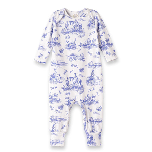 White baby onesie with blue vintage-style pattern on a white background