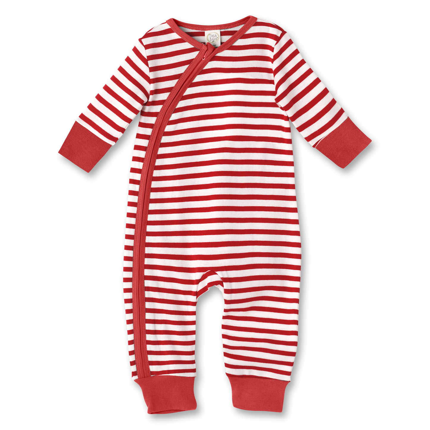 Red and white striped baby onesie on a white background