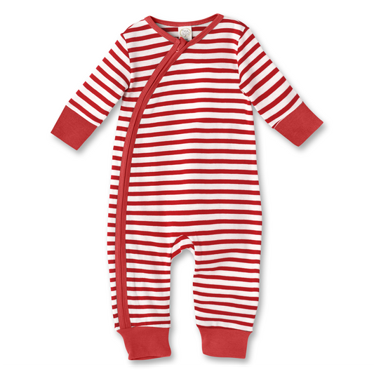 Red and white striped baby onesie on a white background