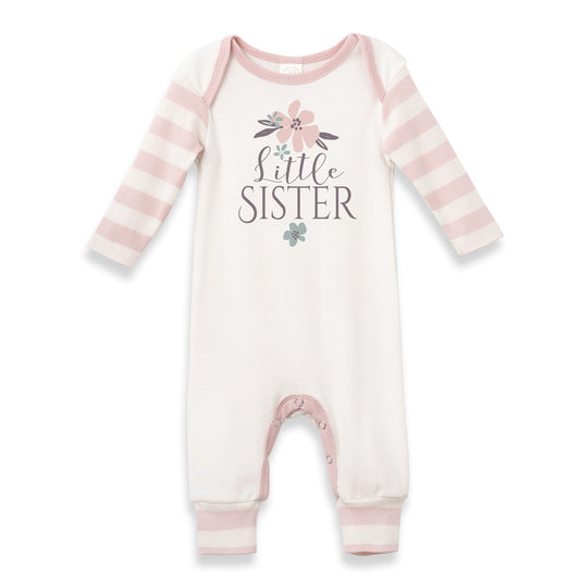 Baby onesie with pink and white stripes and 'Little Sister' text on a white background