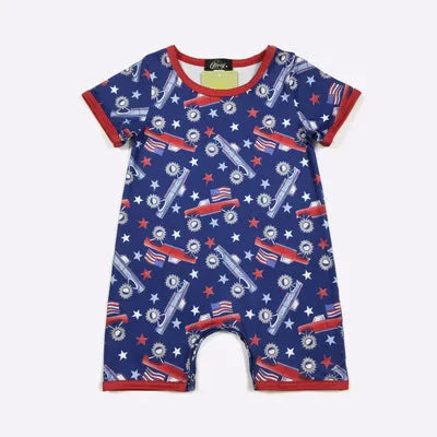 Baby romper with red, white, and blue pattern on a white background