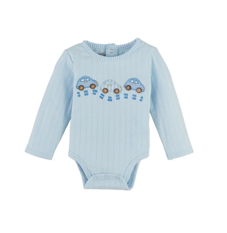 Light blue baby bodysuit with embroidered cars on a white background