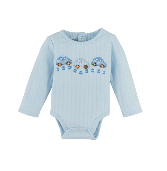 Light blue baby bodysuit with embroidered cars on a white background